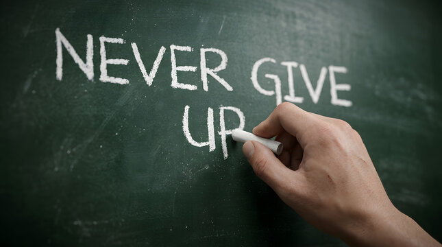 Hand writing the motivational message NEVER GIVE UP with white chalk on a dark green chalkboard, showing visible chalk dust and a partially written word featuring blackboard and inspirational