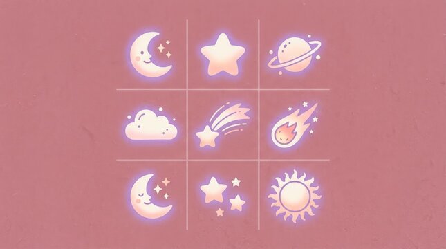 Set of cute space icons in grid layout on pink textured background for sticker art