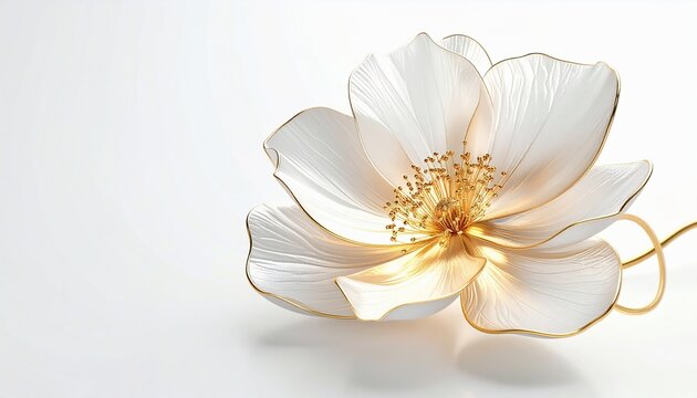Luxury Botanical Flower with Smooth Petals and 24K Gold Outline Detailing Isolated on White Background