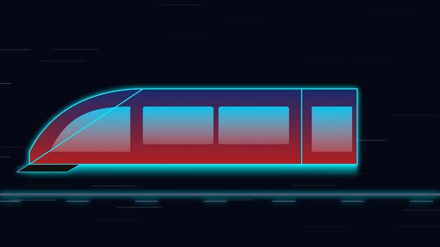 Modern High Speed Train Moving Fast Through Dark Digital Landscape with Neon Lights
