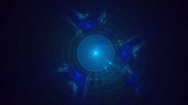 Illustration created as a 3D render without generative AI, abstract futuristic light burst with geometric particles and radiant energy background