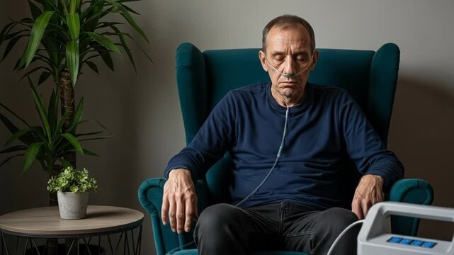 An elderly man sitting in a teal armchair while using a nasal oxygen cannula