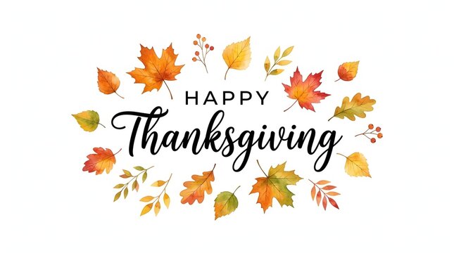 Beautiful watercolor autumn leaves frame surrounding a festive happy thanksgiving day greeting card design isolated on a clean white background for celebration