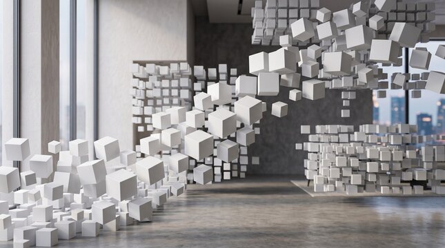 Modern corporate office interior with floating white cubic abstract art installation