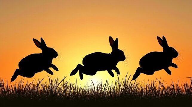 Silhouettes of three rabbits jumping at sunset