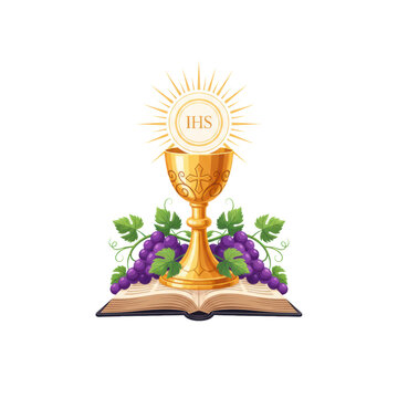 A highly polished golden chalice with a radiant Eucharistic host displaying 'IHS', an open liturgical book, and purple grapes with green leaves, on a white background with copy space. Concept of Holy