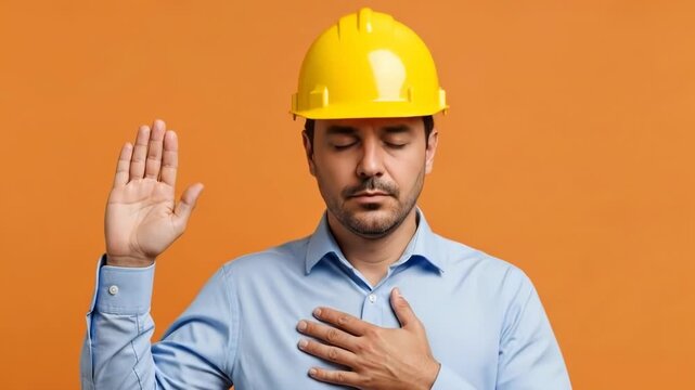 A male construction worker taking an oath with hand on heart and raised palm