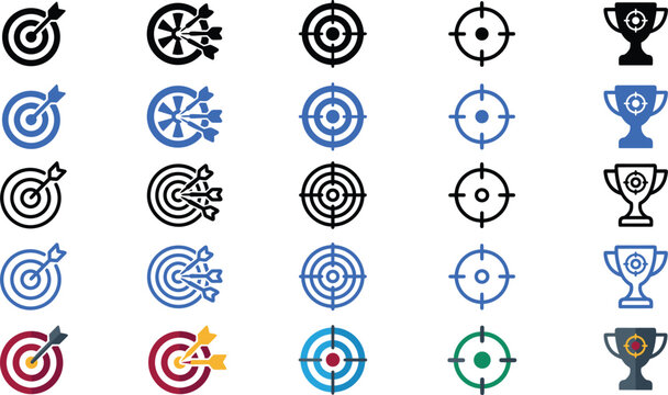 Target and achievement icon set with bullseye, crosshair, and trophy symbols in modern flat vector style