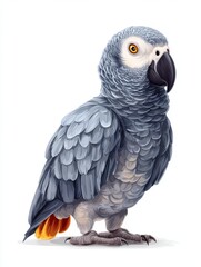 Fototapeta premium Pixel Art African Grey Parrot With Distinctive Gray Feathers And Red Tail Standing On White Background