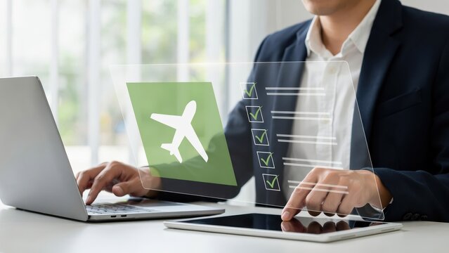 Businessman using laptop and tablet for flight booking with holographic checklist interface