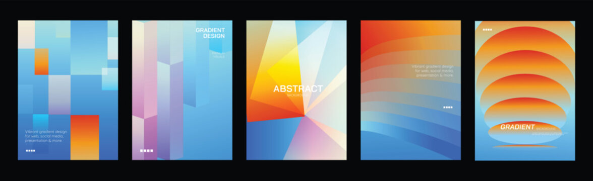 Abstract gradient poster background vector set. Modern cover templates with colorful geometric shapes and optical illusion design for social media, banner and wallpaper.