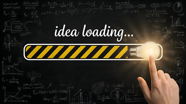 Hand pressing glowing light bulb on yellow and black striped idea loading progress bar with chalkboard background filled with diagrams and formulas featuring finger, touching and illuminated