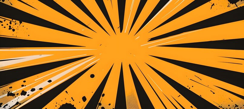 Vibrant orange and black comic book style burst background featuring sharp radial lines with artistic ink splatter textured paint effects