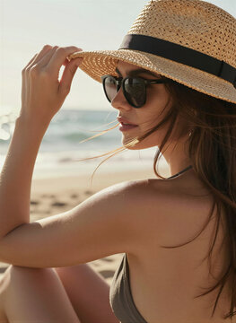 Woman As Main Subject Positioned In Profile View Against Of Focus Beach Backdrop Daylight Hours Young With Hair Styled Revealing Smooth