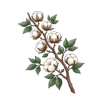 Cotton branch with soft bolls. Botanical illustration of a natural organic cotton plant.
