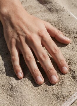 Captures Close Of Adults Hand Resting On Sandy Ground To Beach Sand Due Fine Texture Coloration Skin Tone Light With Pores Natural
