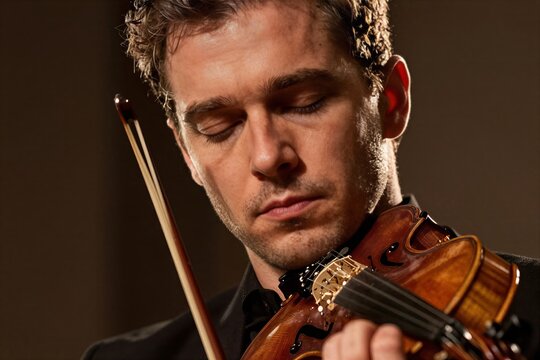 Captures Male Violinist In Midst Of Performance Practice Session Age To Late Twenties Early Thirties With Short Brown Hair Slightly