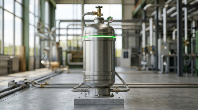 Stainless steel tank in industrial plant with pipe and gauge, clean factory equipment glowing with light