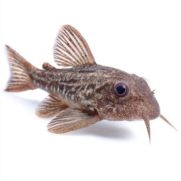 Small Brown Speckled Corydoras Catfish Swimming Isolated On White Background