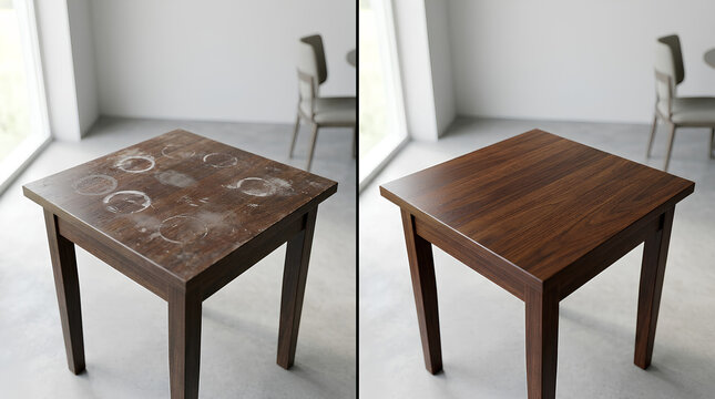 Transformation of wooden table from dirty and scratched surface to a polished, smooth finish showcasing furniture restoration