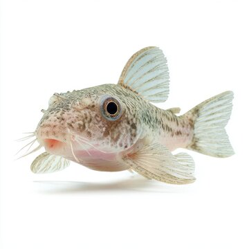 Small Spotted Corydoras Catfish Swimming Isolated On A Clean White Background