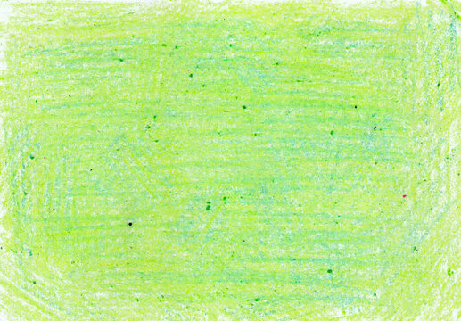 Background filled with texture of chaotic strokes. Strokes with colored pencils, chalk, wax crayons. Different shades of green. Turquoise, light lime green. White background visible. Green, black dots