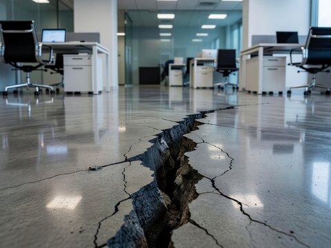 A wide crack splits the polished concrete floor in a modern, quiet, open-plan office setting.