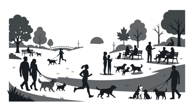 People walking dogs in a city park. Urban recreation scene with pets and active lifestyle.
