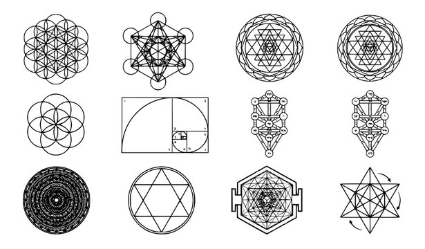 Sacred Geometry and Mystical Symbols Line Art Icon Set with Flower of Life Metatron Cube Golden Ratio and Mandala Patterns for Spiritual Graphic Designs