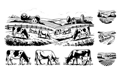 Naklejka premium Hand Drawn Rural Farmland Landscape with Grazing Cows and Countryside Sketch Vector Illustration Collection