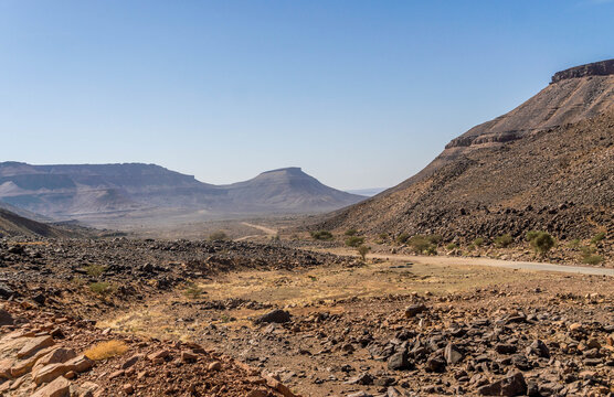 Scenic panorama view of Amojjar Pass at Western Sahara landscape of Sahel and Sahara desert, Mauritania.
