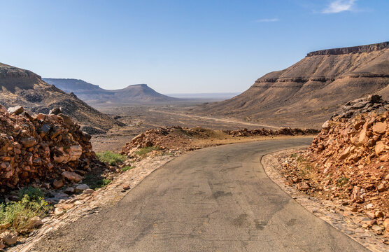 Scenic panorama view of Amojjar Pass at Western Sahara landscape of Sahel and Sahara desert, Mauritania.
