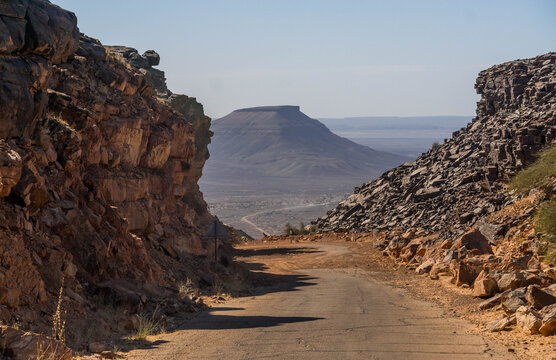 Scenic panorama view of Amojjar Pass at Western Sahara landscape of Sahel and Sahara desert, Mauritania.
