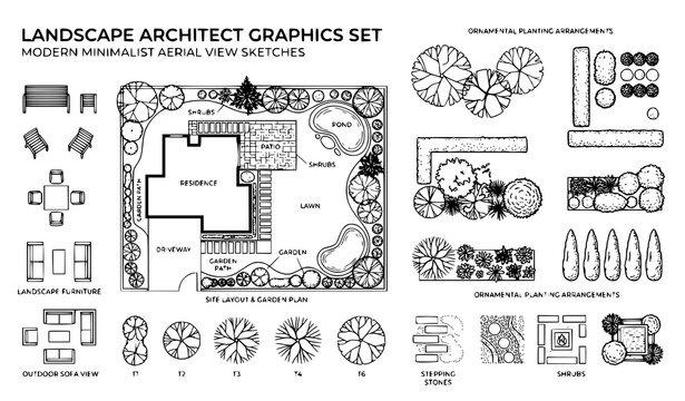 Landscape Architect Graphic Set Featuring Residential Garden Plans and Botanical Design Vector Sketch Illustrations