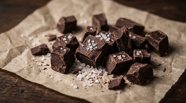 Dark chocolate chunks and coarse sea salt on parchment paper
