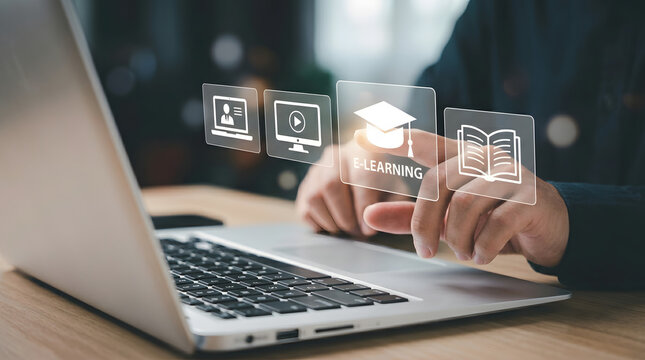 Hands interacting with a laptop displaying e-learning concept icons including a graduation cap, open book, video play button, and user profile on a blurred background featuring online education