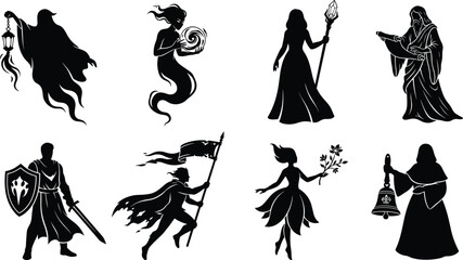 Silhouettes of fantasy characters including wizard, warrior, fairy, and mystical figures © MdShamsrAli