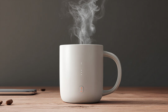 Minimalist smart white ceramic coffee mug template mockup with hot steam rising up on wooden table next to smartphone, modern corporate office lifestyle breakfast beverage container branding.