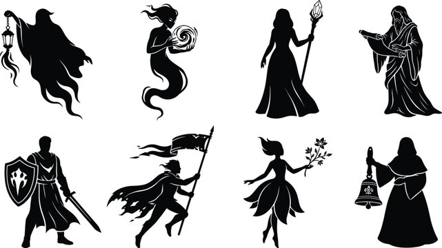Silhouettes of fantasy characters including wizard, warrior, fairy, and mystical figures