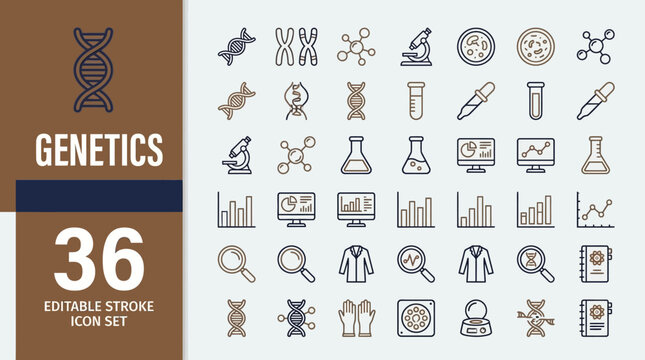 Genetics icons featuring DNA strands, chromosomes, molecules, microscopes, test tubes, charts, magnifying glasses, lab coats, computer screens, research