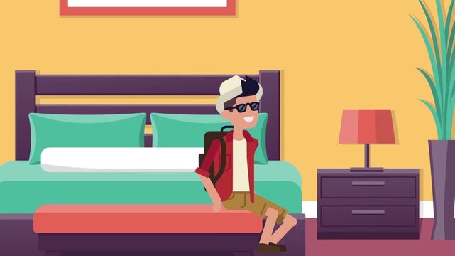 2D Animated Young Person Sitting Disappointed on Edge of Bed in Bedroom Flat Vector Character Animation Footage