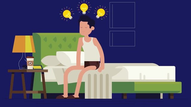 2D Animated Man Waking Up in Bed with Glowing Lightbulb Idea Icon Above Head Flat Vector Character Animation Footage