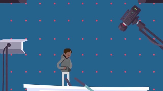 2D Animated Film Crew Shooting Actor in Boat with Camera Crane on Studio Set Flat Vector Character Animation Footage