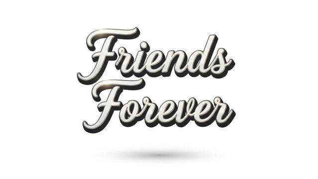 Friends Forever cursive script typography sticker design with thick black outline drop shadow and glossy silver metallic metal chrome effect, typography banner heading isolated on white background.