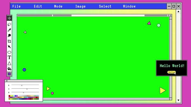 Software interface window features a large green workspace and various editing tools for digital design projects.