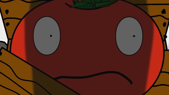 Angry tomato in wooden crate green screen chromakey background 2d animated cartoon animation scene element clip visual frame sequence theme scene element clip