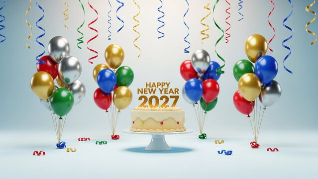 Happy New Year 2027 gold 3D text over delicious birthday cream cake on stand surrounded by vibrant colorful party balloons bundles and hanging streamers curls, festive celebration studio backdrop.