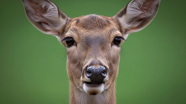 A close up portrait of a curious deer looking directly into the camera lens