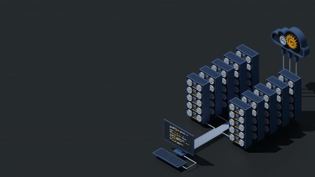 3D isometric monitoring big data storage animation. Data transmission technology. Online hosting technology concept. Isometric technology. 4K video animated in isometric style