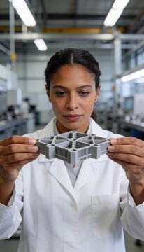 Engineer examining a complex 3D printed geometric component closely in a modern manufacturing facility, industrial innovation concept photography concept